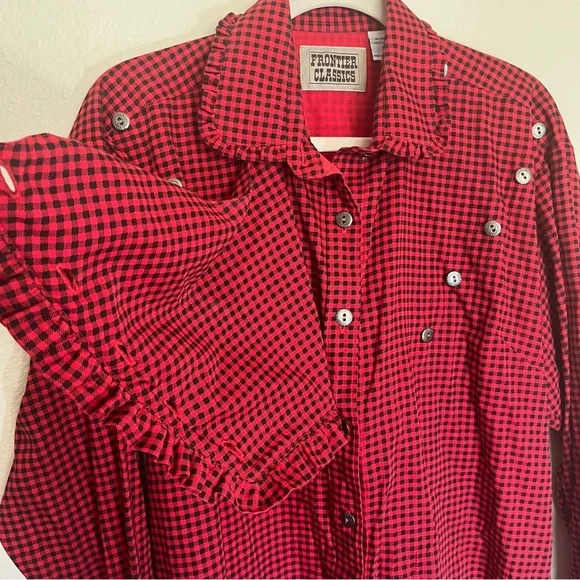 Frontier Classics Red Gingham Ruffle Bib Blouse – Size L Western Victorian Style - Picture 5 of 10